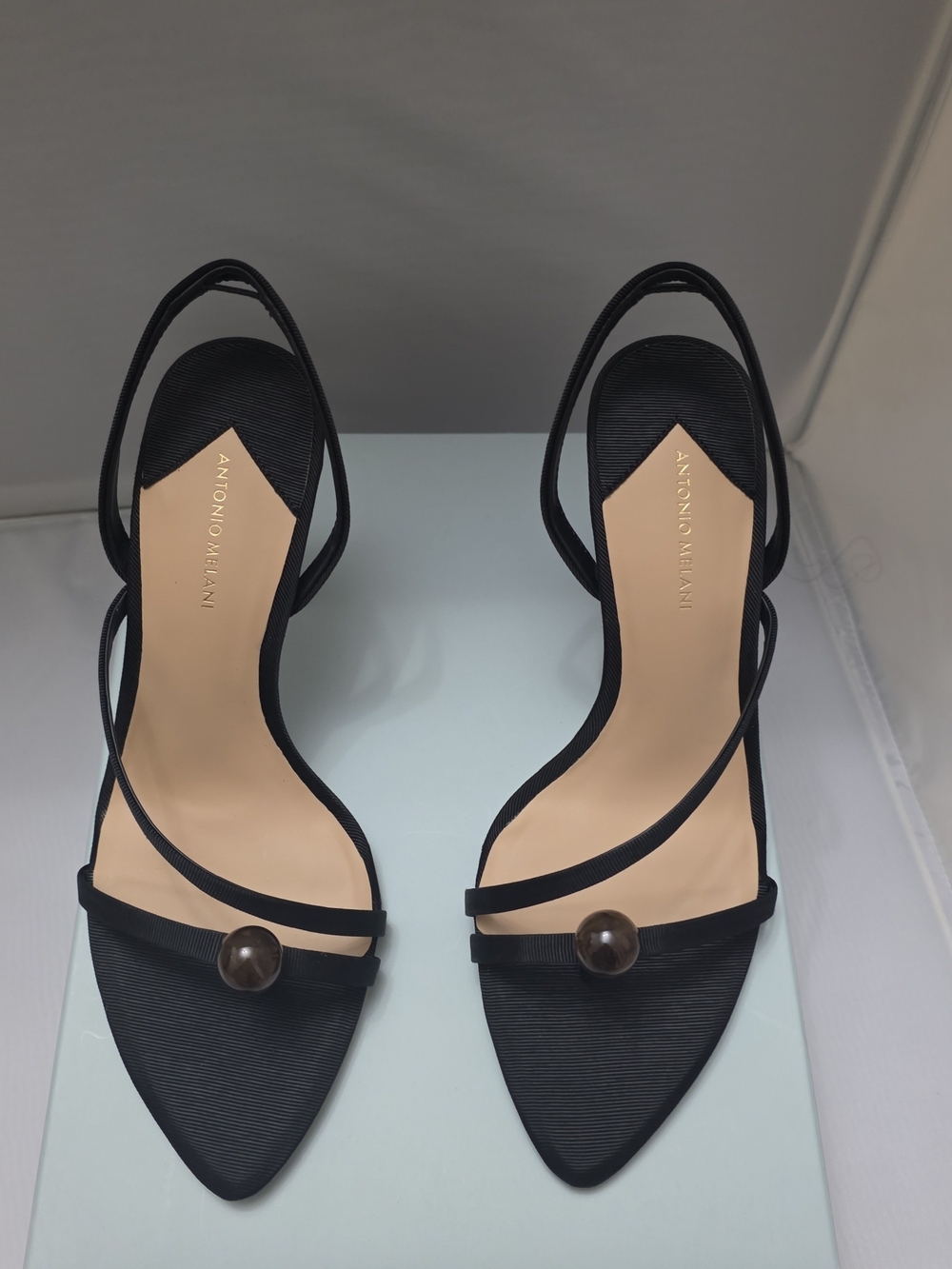 ANTONIO MELANI Black Pointed Toe Strappy Slingback Heels with Accent Button